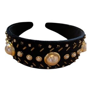 Black Velvet and Gold Pearl Crystal Headband